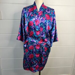 VTG Jo Intimates Floral Satin Robe & Nightgown Set Blue Purple Loungewear 2pc